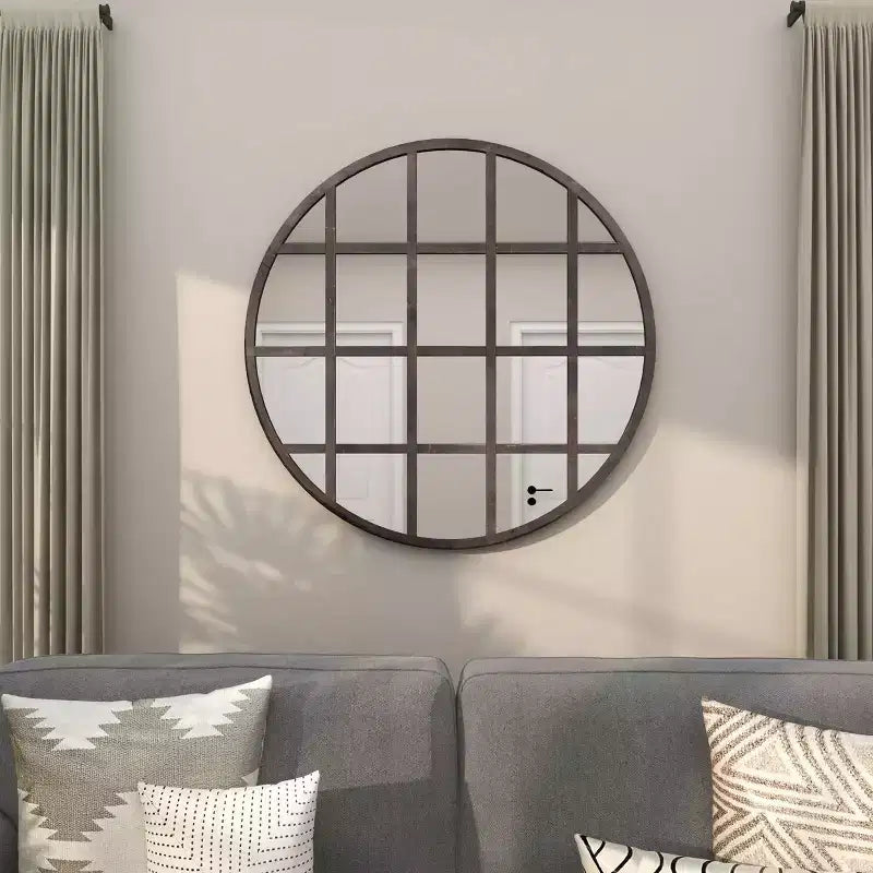Metal Wall Mirror with Grid Frame Black - CosmoLiving by Cosmopolitan: Industrial Style, 36" Round Iron Mounted