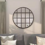 Metal Wall Mirror with Grid Frame Black - CosmoLiving by Cosmopolitan: Industrial Style, 36" Round Iron Mounted