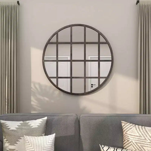 Metal Wall Mirror with Grid Frame Black - CosmoLiving by Cosmopolitan: Industrial Style, 36" Round Iron Mounted