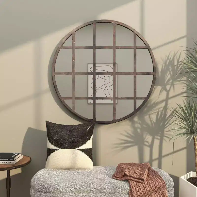 Specchio da parete rotondo nero con cornice a griglia, stile industriale, 91 cm – 1 pannello