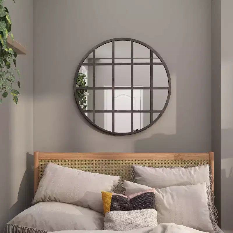 Specchio da parete rotondo nero con cornice a griglia, stile industriale, 91 cm – 1 pannello