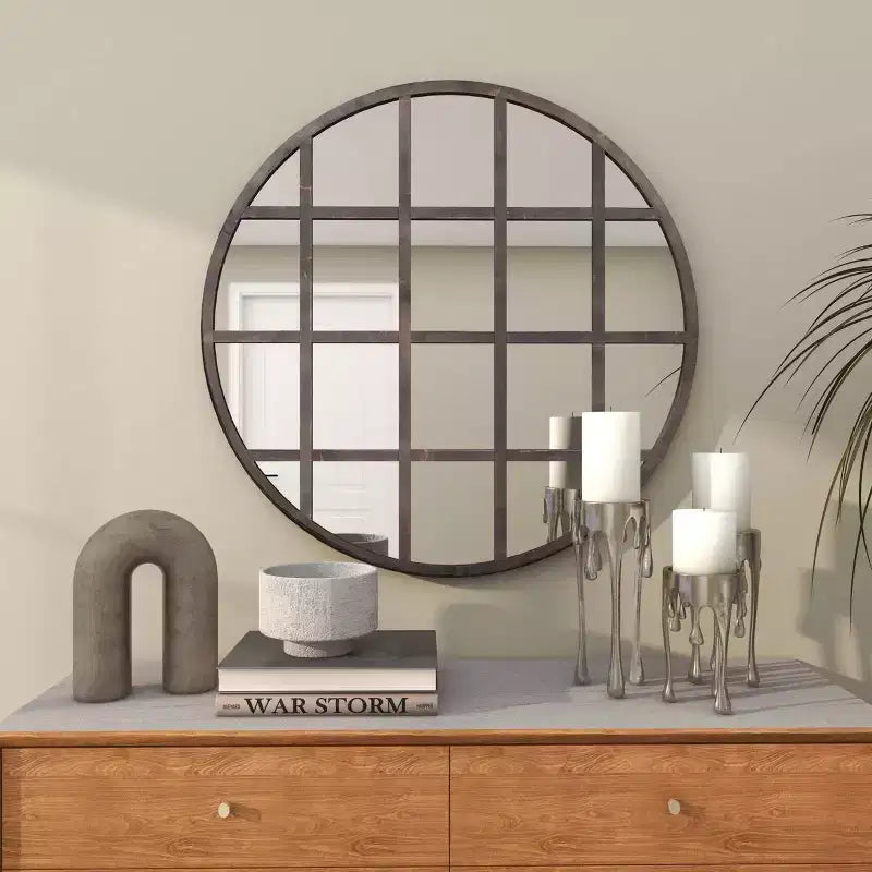 Specchio da parete rotondo nero con cornice a griglia, stile industriale, 91 cm – 1 pannello