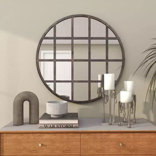 Specchio da parete rotondo nero con cornice a griglia, stile industriale, 91 cm – 1 pannello