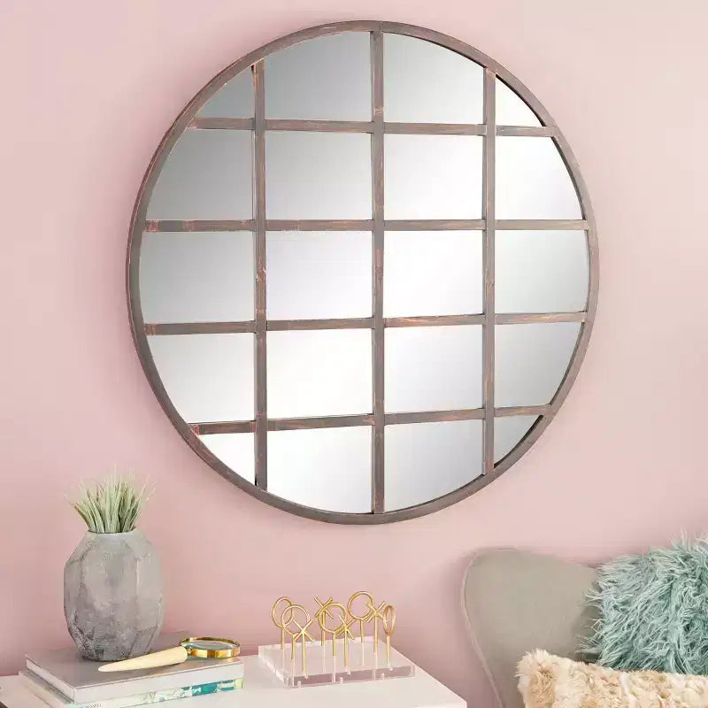 Specchio da parete rotondo nero con cornice a griglia, stile industriale, 91 cm – 1 pannello