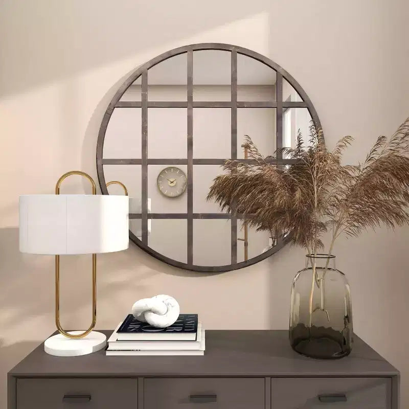 Specchio da parete rotondo nero con cornice a griglia, stile industriale, 91 cm – 1 pannello