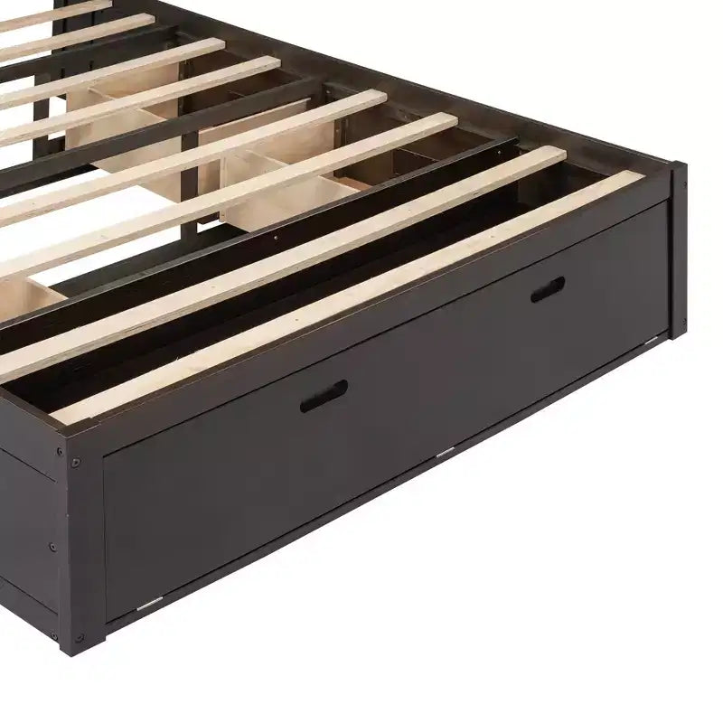 Letto a piattaforma Queen Espresso / Grigio con contenitore – 4 cassetti, scarpiera e testiera imbottita, per 1–2 adulti
