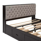 Letto a piattaforma Queen Espresso / Grigio con contenitore – 4 cassetti, scarpiera e testiera imbottita, per 1–2 adulti