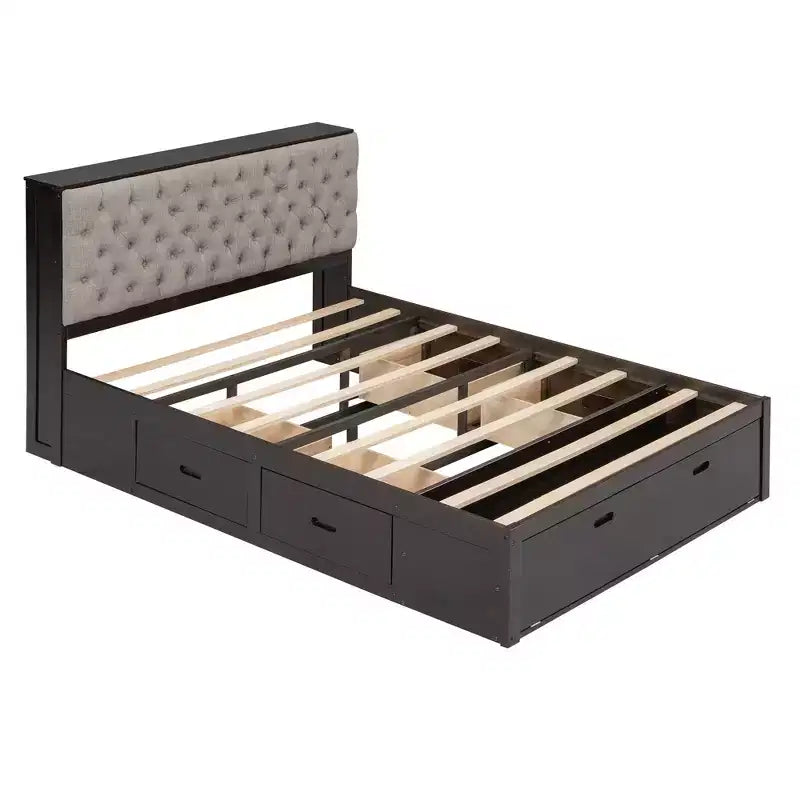Letto a piattaforma Queen Espresso / Grigio con contenitore – 4 cassetti, scarpiera e testiera imbottita, per 1–2 adulti