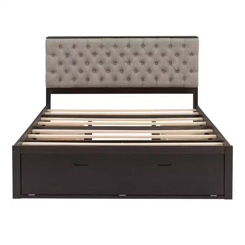 Letto a piattaforma Queen Espresso / Grigio con contenitore – 4 cassetti, scarpiera e testiera imbottita, per 1–2 adulti