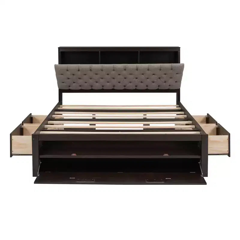 Letto a piattaforma Queen Espresso / Grigio con contenitore – 4 cassetti, scarpiera e testiera imbottita, per 1–2 adulti