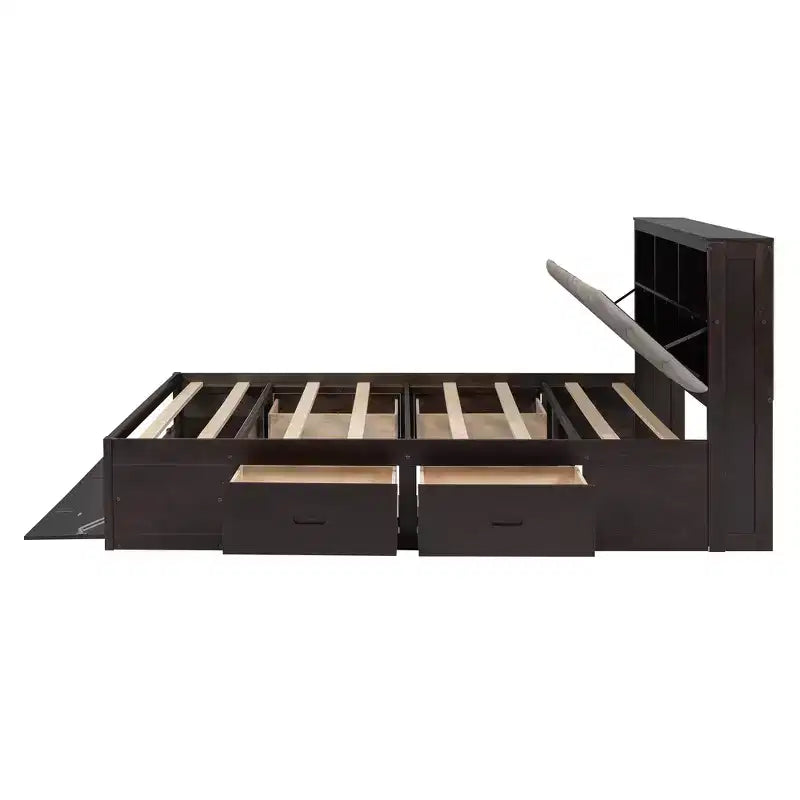 Letto a piattaforma Queen Espresso / Grigio con contenitore – 4 cassetti, scarpiera e testiera imbottita, per 1–2 adulti
