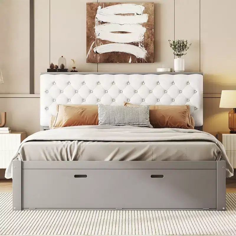 Letto a piattaforma Queen Espresso / Grigio con contenitore – 4 cassetti, scarpiera e testiera imbottita, per 1–2 adulti