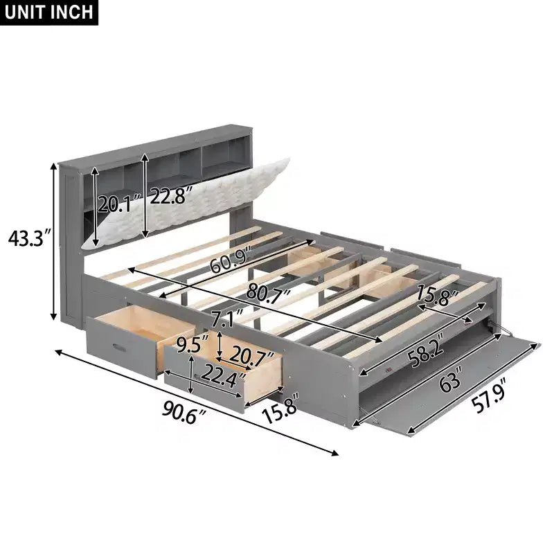 Letto a piattaforma Queen Espresso / Grigio con contenitore – 4 cassetti, scarpiera e testiera imbottita, per 1–2 adulti
