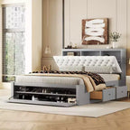 Letto a piattaforma Queen Espresso / Grigio con contenitore – 4 cassetti, scarpiera e testiera imbottita, per 1–2 adulti