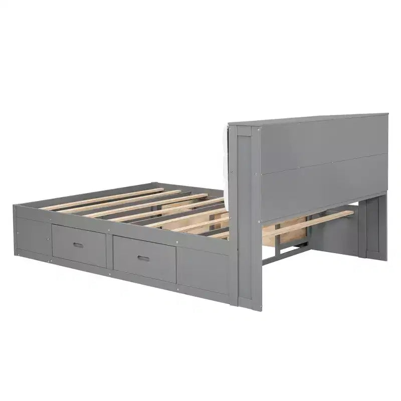 Letto a piattaforma Queen Espresso / Grigio con contenitore – 4 cassetti, scarpiera e testiera imbottita, per 1–2 adulti