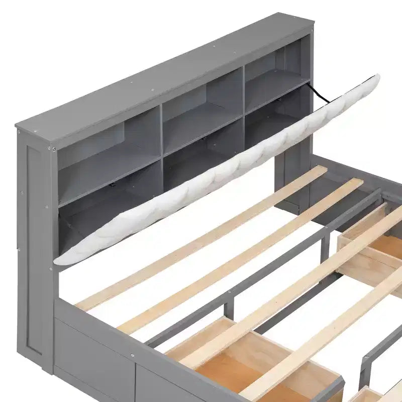 Letto a piattaforma Queen Espresso / Grigio con contenitore – 4 cassetti, scarpiera e testiera imbottita, per 1–2 adulti