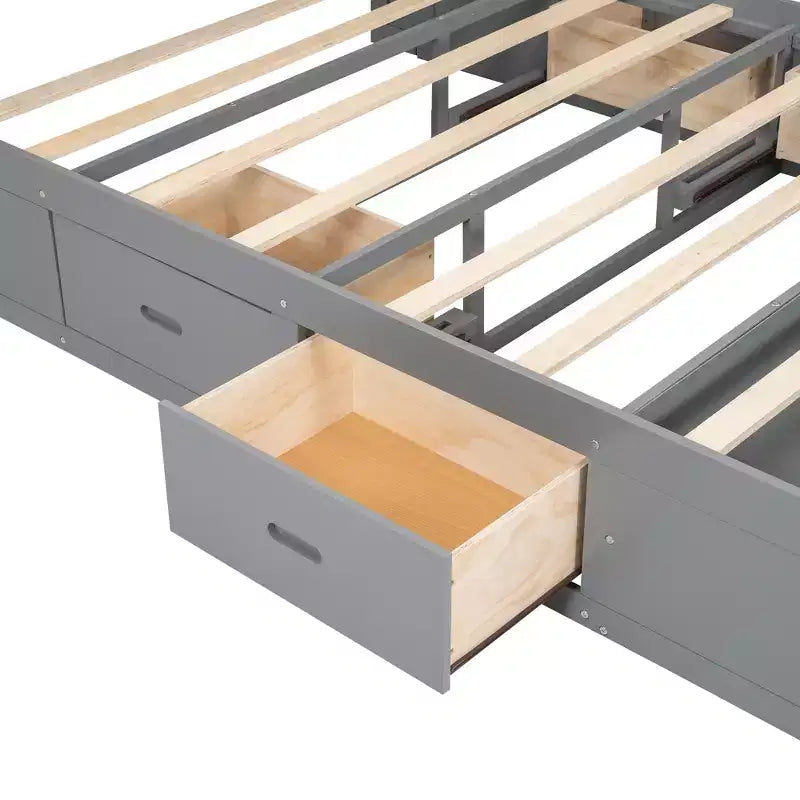 Letto a piattaforma Queen Espresso / Grigio con contenitore – 4 cassetti, scarpiera e testiera imbottita, per 1–2 adulti