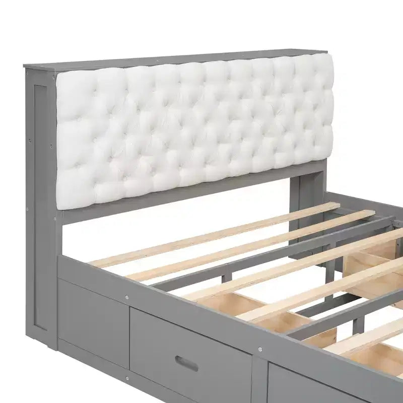Letto a piattaforma Queen Espresso / Grigio con contenitore – 4 cassetti, scarpiera e testiera imbottita, per 1–2 adulti