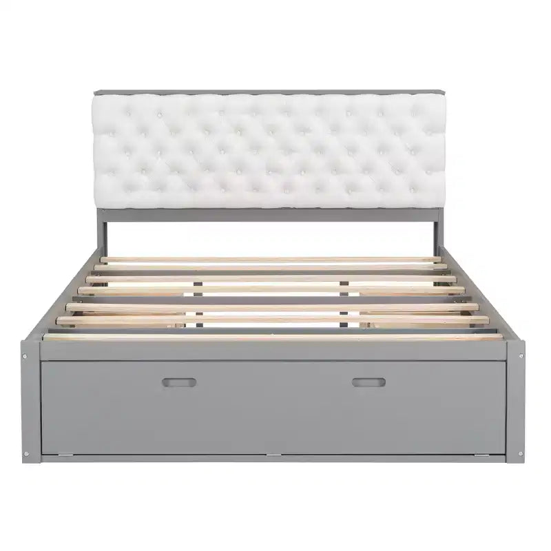 Letto a piattaforma Queen Espresso / Grigio con contenitore – 4 cassetti, scarpiera e testiera imbottita, per 1–2 adulti
