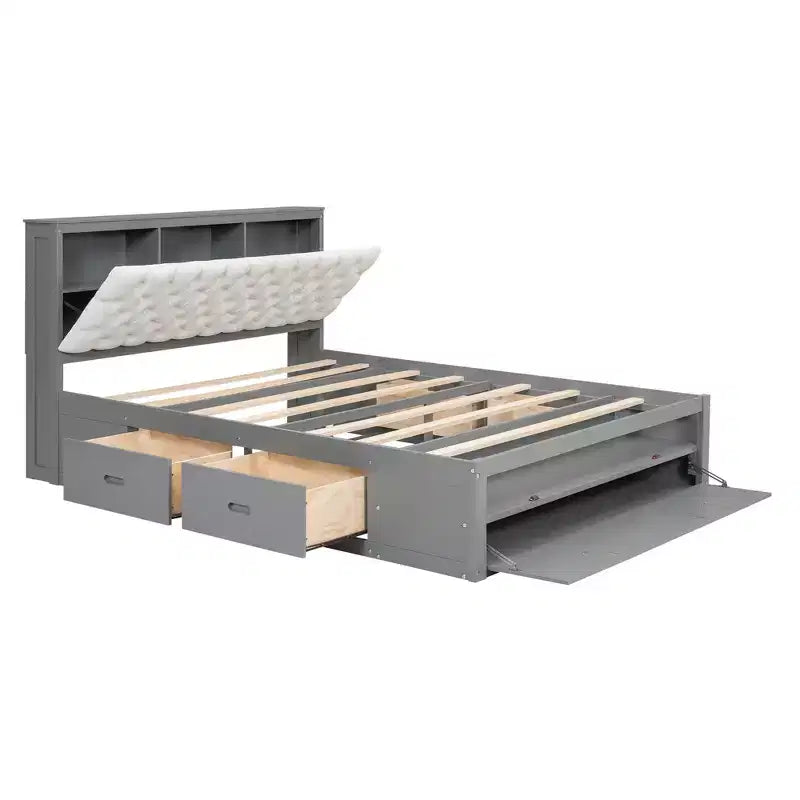 Letto a piattaforma Queen Espresso / Grigio con contenitore – 4 cassetti, scarpiera e testiera imbottita, per 1–2 adulti