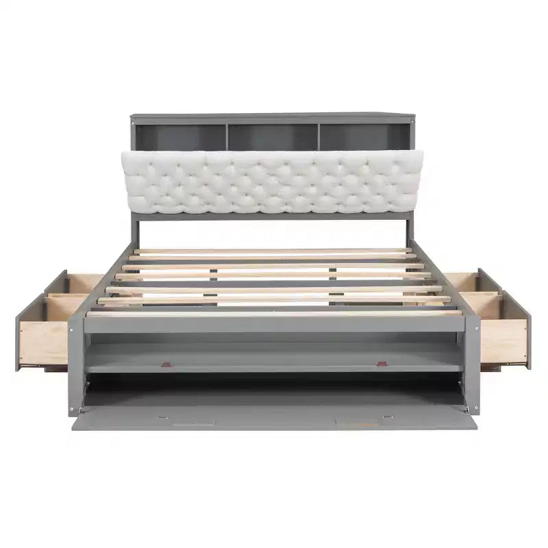 Letto a piattaforma Queen Espresso / Grigio con contenitore – 4 cassetti, scarpiera e testiera imbottita, per 1–2 adulti