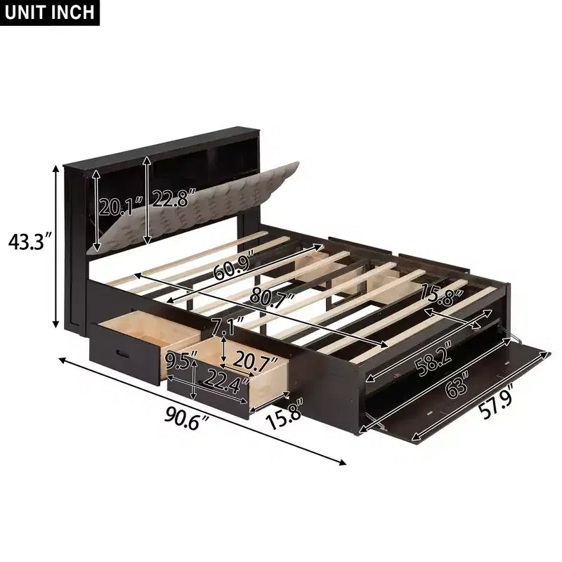 Letto a piattaforma Queen Espresso / Grigio con contenitore – 4 cassetti, scarpiera e testiera imbottita, per 1–2 adulti
