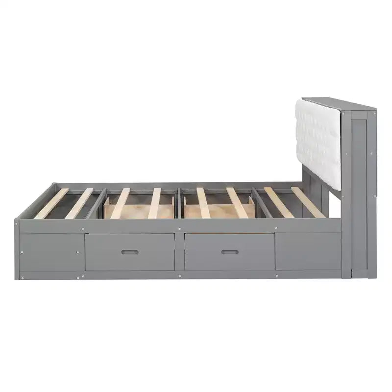 Letto a piattaforma Queen Espresso / Grigio con contenitore – 4 cassetti, scarpiera e testiera imbottita, per 1–2 adulti