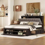 Letto a piattaforma Queen Espresso / Grigio con contenitore – 4 cassetti, scarpiera e testiera imbottita, per 1–2 adulti