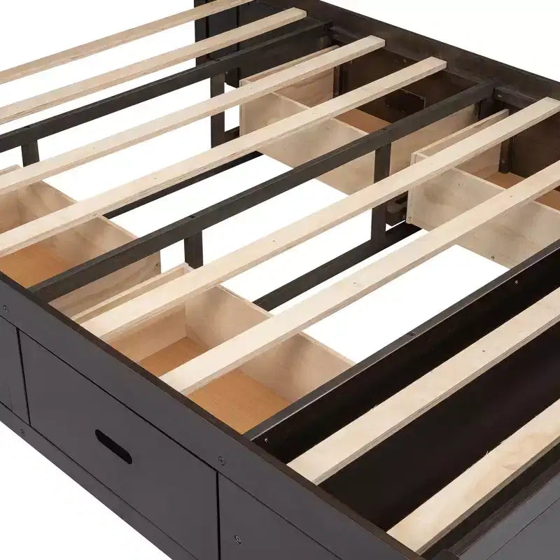 Letto a piattaforma Queen Espresso / Grigio con contenitore – 4 cassetti, scarpiera e testiera imbottita, per 1–2 adulti