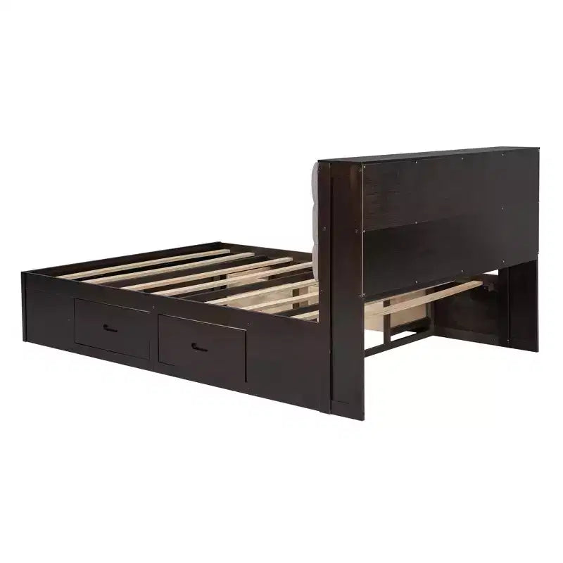 Letto a piattaforma Queen Espresso / Grigio con contenitore – 4 cassetti, scarpiera e testiera imbottita, per 1–2 adulti