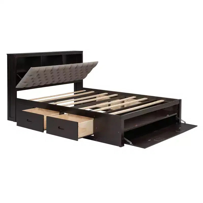 Letto a piattaforma Queen Espresso / Grigio con contenitore – 4 cassetti, scarpiera e testiera imbottita, per 1–2 adulti