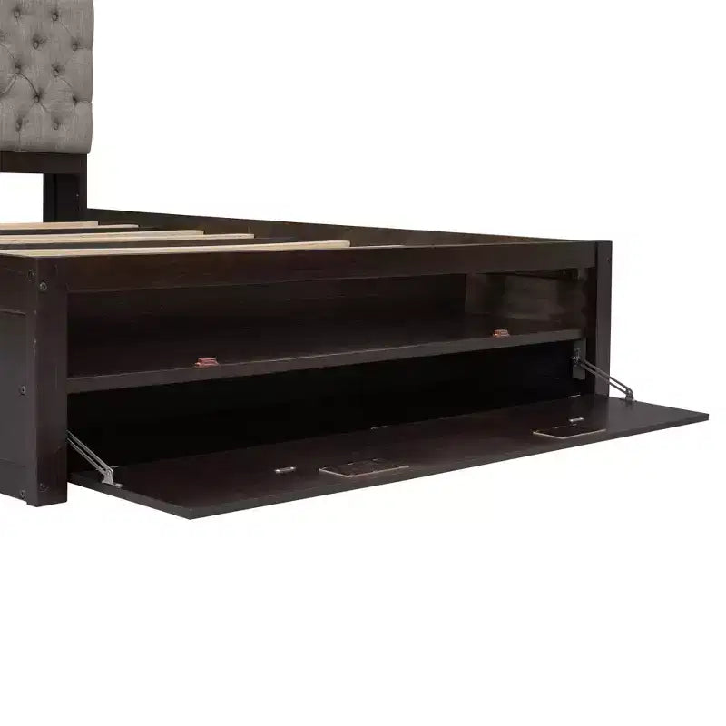 Letto a piattaforma Queen Espresso / Grigio con contenitore – 4 cassetti, scarpiera e testiera imbottita, per 1–2 adulti