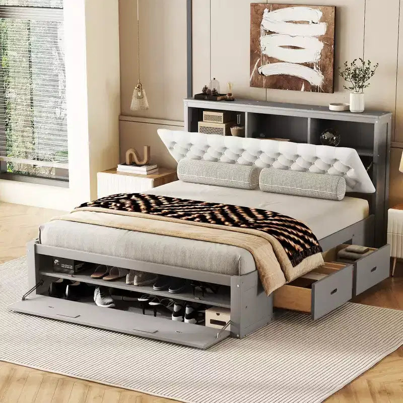 Letto a piattaforma Queen Espresso / Grigio con contenitore – 4 cassetti, scarpiera e testiera imbottita, per 1–2 adulti