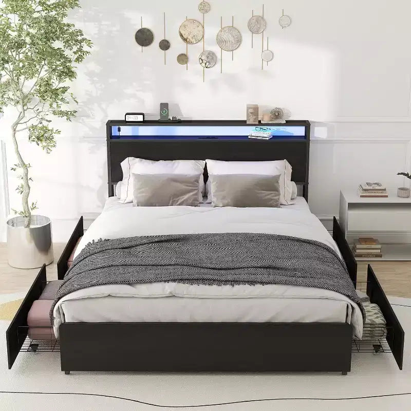 Zevemomo Queen Bed Frame with 4 Storage Drawers, Queen Size Bed Frame with Headboard, LED, Sturdy Metal Slat Support, No Noise, Black