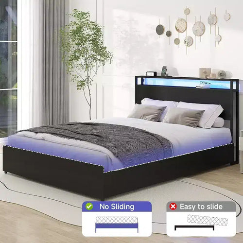 Telaio letto a piattaforma Queen nero per 1, con testiera a LED e 4 cassetti contenitore