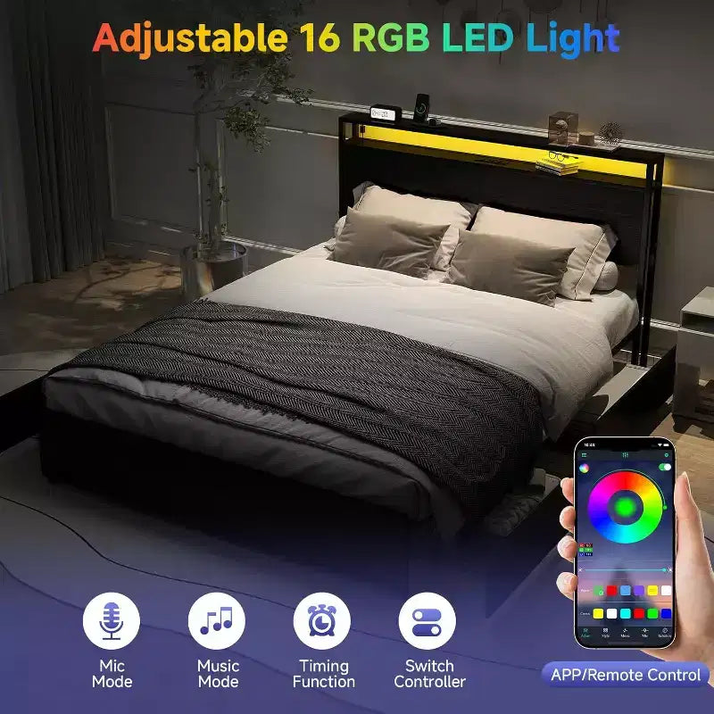 Telaio letto a piattaforma Queen nero per 1, con testiera a LED e 4 cassetti contenitore