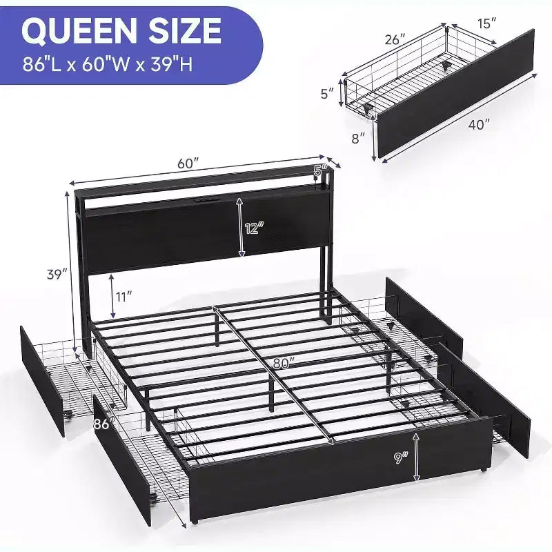 Telaio letto a piattaforma Queen nero per 1, con testiera a LED e 4 cassetti contenitore