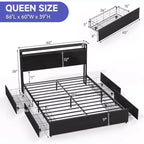 Telaio letto a piattaforma Queen nero per 1, con testiera a LED e 4 cassetti contenitore