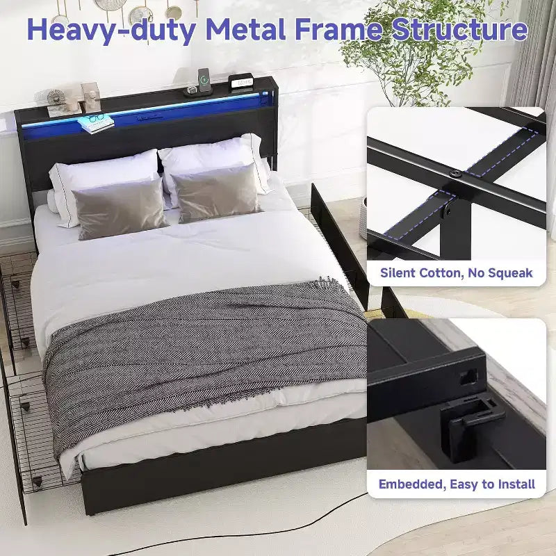 Telaio letto a piattaforma Queen nero per 1, con testiera a LED e 4 cassetti contenitore