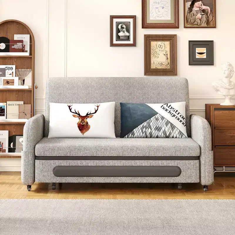 Divano letto convertibile grigio a 2 posti con base contenitore