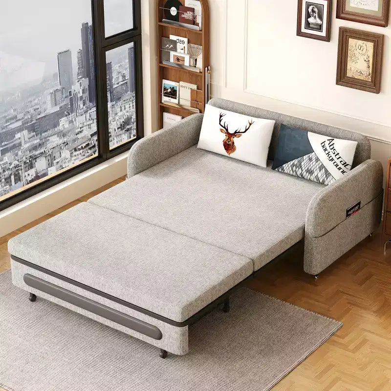 Divano letto convertibile grigio a 2 posti con base contenitore