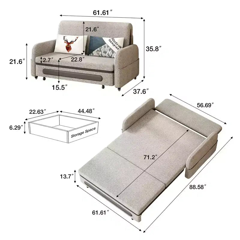 Divano letto convertibile grigio a 2 posti con base contenitore