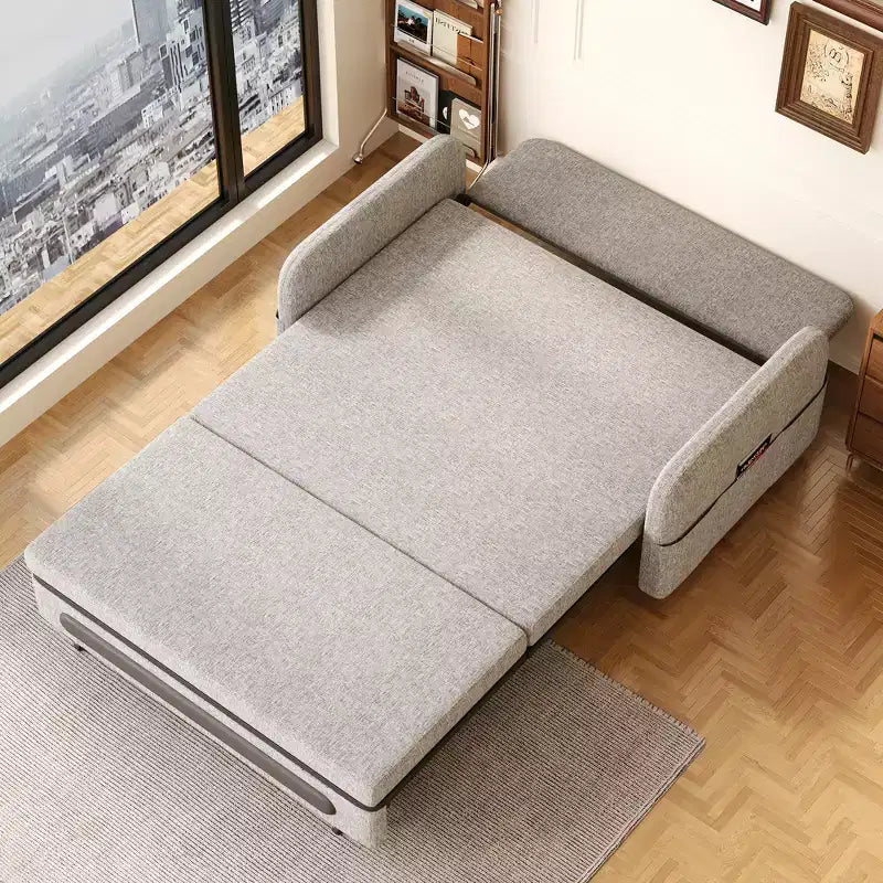 Divano letto convertibile grigio a 2 posti con base contenitore