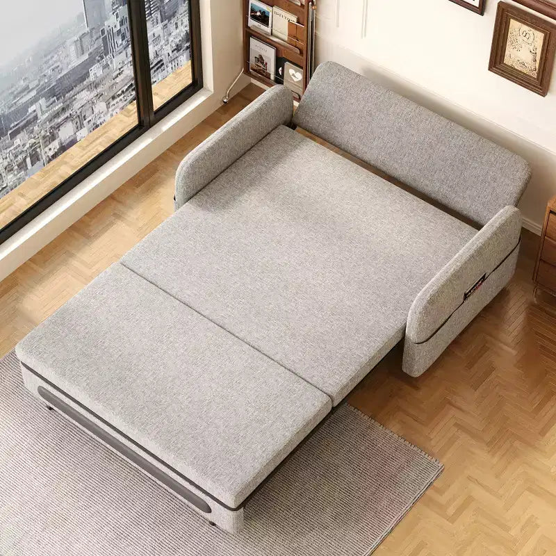 Divano letto convertibile grigio a 2 posti con base contenitore