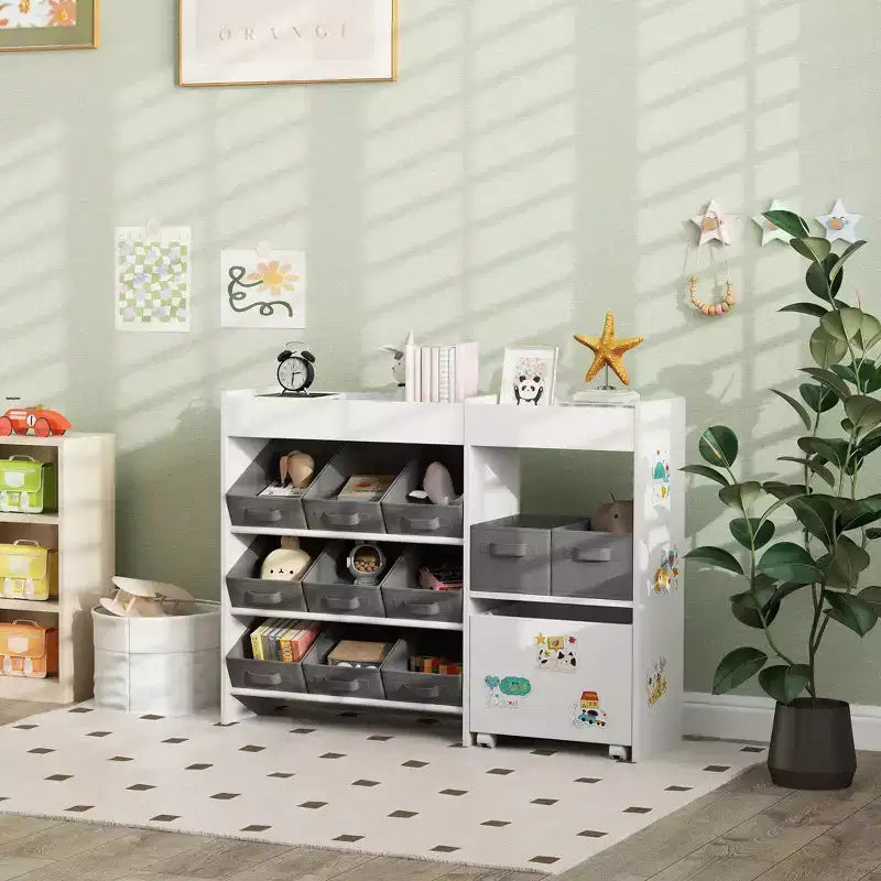 Scaffale bianco portagiochi per bambini con 11 contenitori in tessuto e armadietto, 3-9 anni