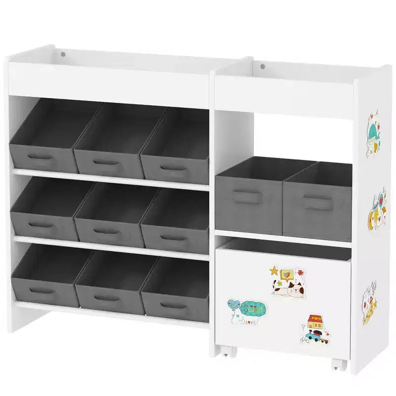 Scaffale bianco portagiochi per bambini con 11 contenitori in tessuto e armadietto, 3-9 anni