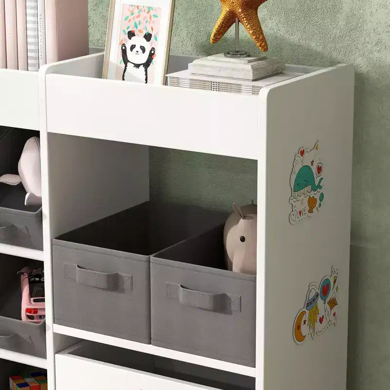 Scaffale bianco portagiochi per bambini con 11 contenitori in tessuto e armadietto, 3-9 anni