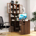 Okak 55.12IN 2-in-1 L Shaped Desk with Bookshelf, Modern Computer Desk with Ample Tabletop, Office Desk for Living Room, Reading Room, Walnut