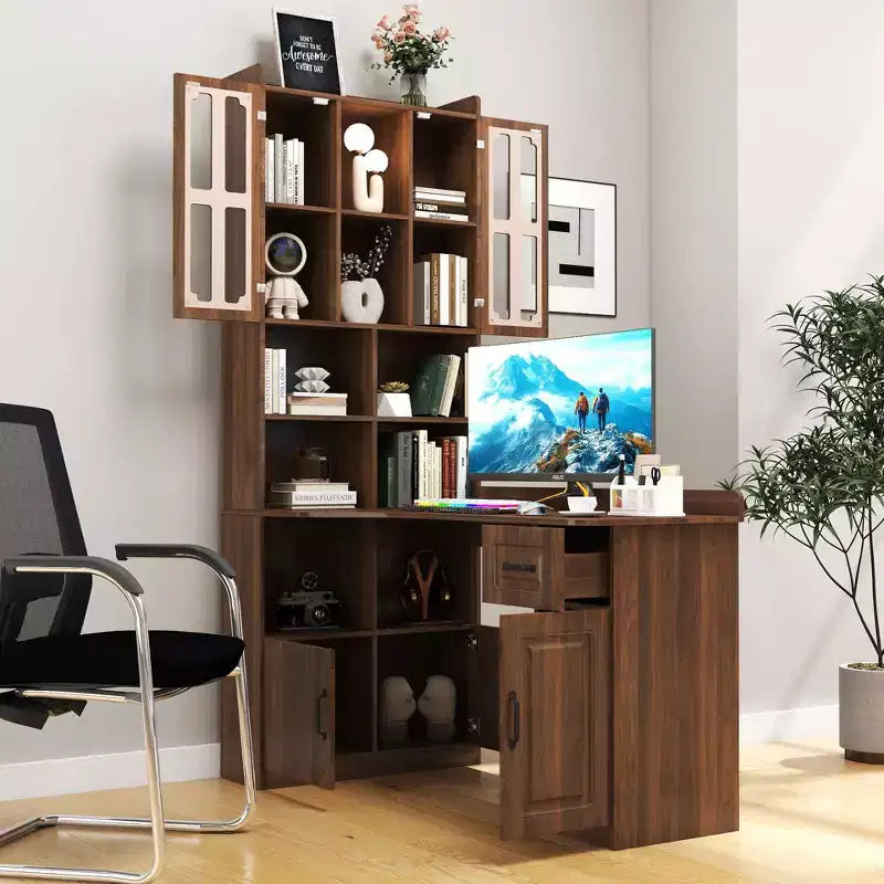 Okak 55.12IN 2-in-1 L Shaped Desk with Bookshelf, Modern Computer Desk with Ample Tabletop, Office Desk for Living Room, Reading Room, Walnut