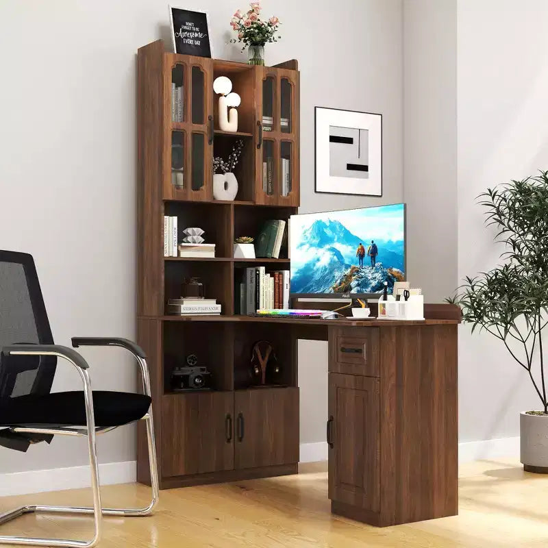 Scrivania a L color noce con libreria, scrivania per computer monoposto da 140 cm